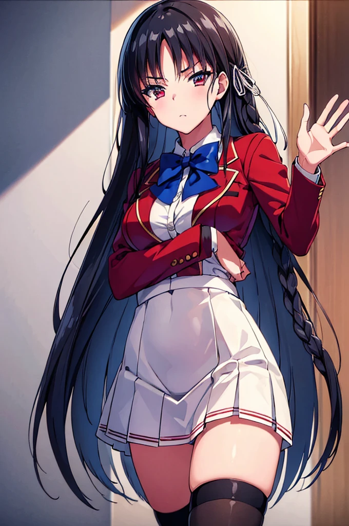 (masterpiece, best quality:1.4), (ultra detailed:1.4), super fine illustration, (official art:1.2), (anime screencap:1.2), detailed beautiful face and eyes, anime keyvisual, perfect anatomy, 8k portrait, (cowboy shot:1.2),
1girl,
Suzune Horikita,
Suzune Horikita \(youjitsu\),
long hair, braid,
black hair,
(red eyes, slant eyes, small eyes),
blue bow,
medium breasts,
red jacket, pleated white skirt, black thigh-high socks,
looking at viewer,
perfect light, background of indoors, dynamic pose,
