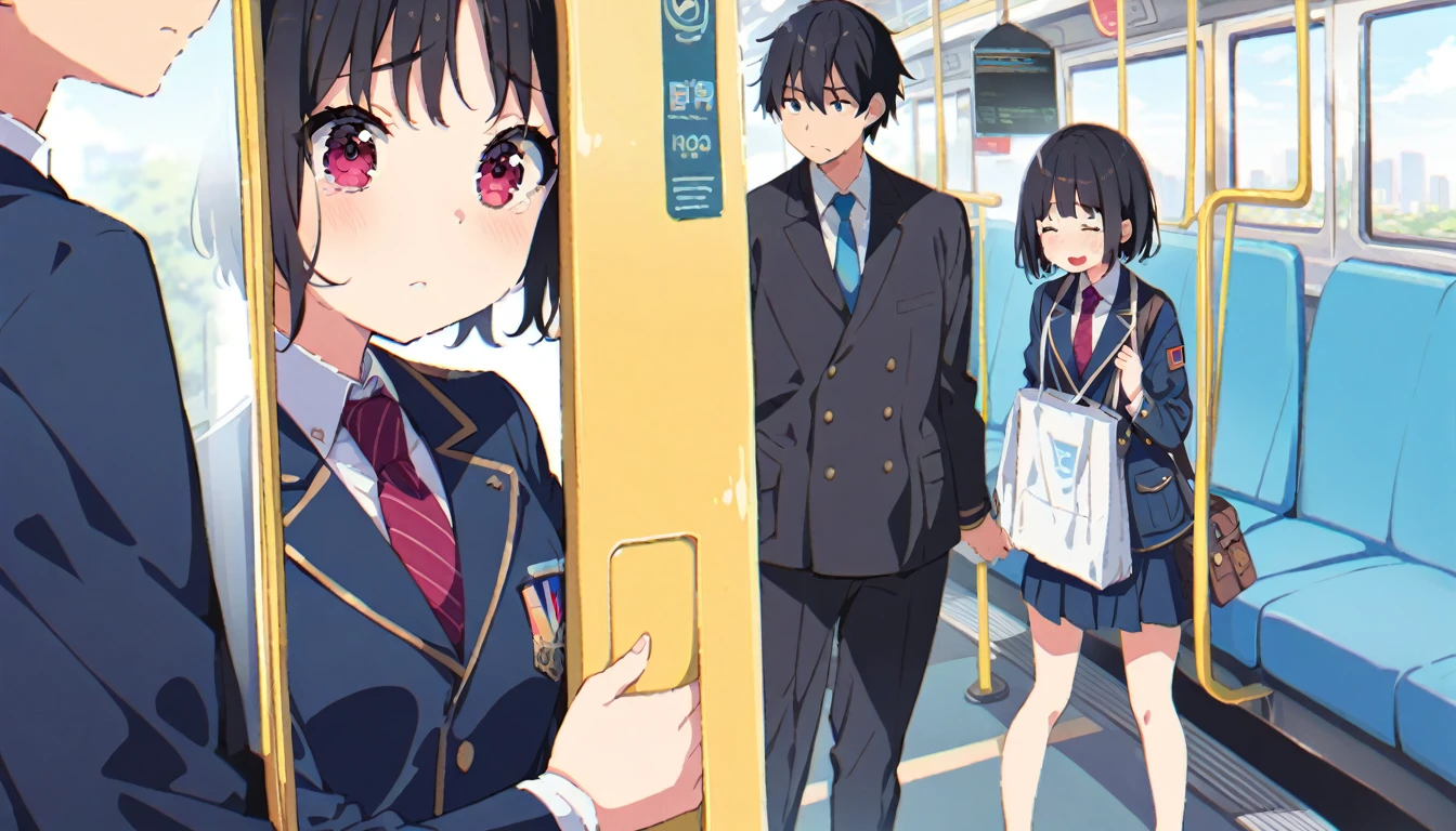 A middle-aged molester is touching the lower body of a crying girl with short black hair and small breasts, wearing a blazer and uniform, who is standing upright on a train.、From head to toe