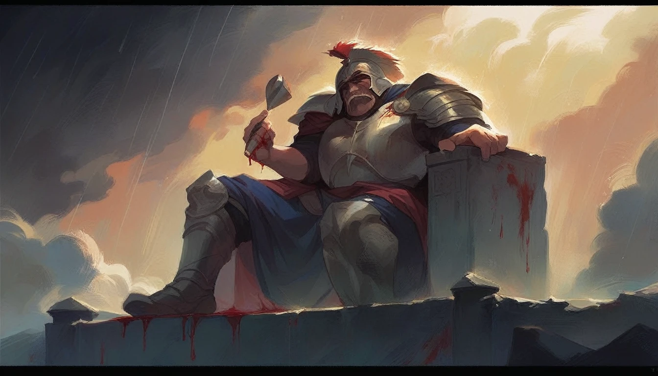 A striking cinematic painting depicting a Greek Spartan warrior from the movie 300, clad in armor and wearing a warrior helmet, seated on a grand king's throne. The atmosphere is dark and stormy, with heavy rain pouring down and casting dramatic shadows. Blood red raindrops tinge the ground, creating a sense of violence and tragedy. The overall effect is a haunting and powerful image, capturing the essence of a fallen hero or a dark turn in the tale.