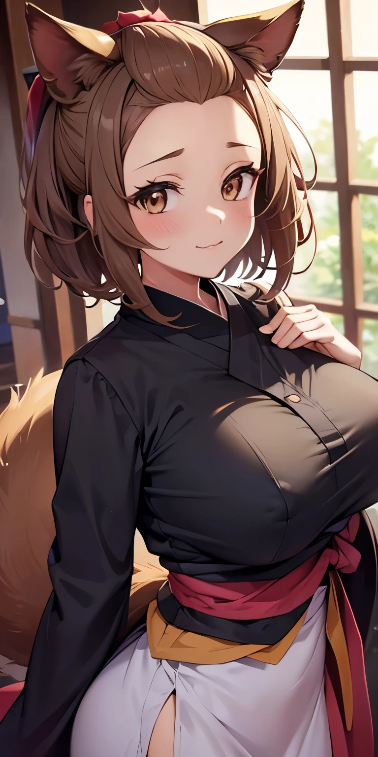 1 Female,High definition,high resolution,Ultra-realistic,8K, 1girl, brown hair, brown eyes, bangs pinned back, forehead, animal ears, animal tail, very long sleeves, , kimono, :3, smug,European,sexy,Upper body close-up,Photographed from the front,Dynamic Angles,private teacher,blush, huge tits , nipples ,(show tits)