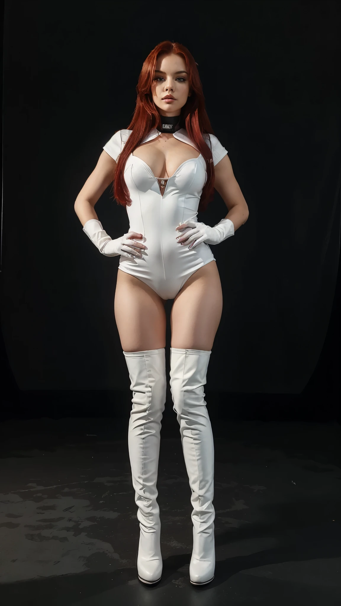 ((best quality)), ((masterpiece)), ((full body)), dark background, sexy red head girl with a team rocket outfit, thigh high boots, long white gloves