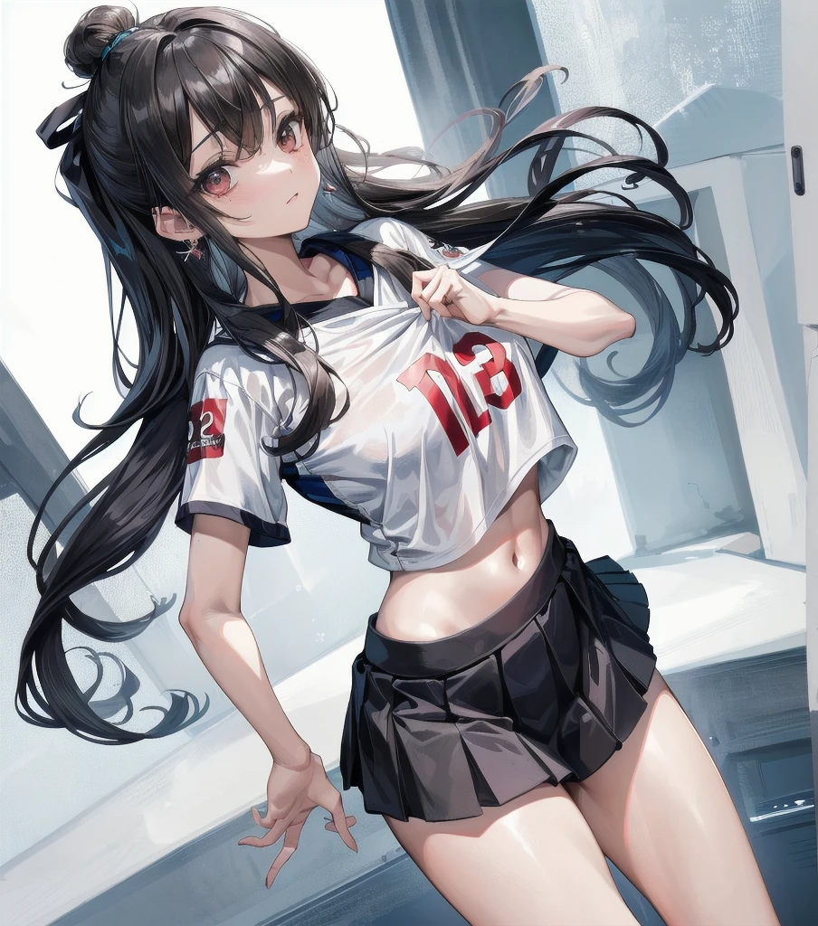 ((((absurdres, RAW photo, extremely delicate and beautiful, masterpiece, Best Quality, ultra high resolution, 32k, hyperrealistic, ultra-detailed)))), in her 20s, very Slim body, narrow waist, very small head, very small face, delicate facial features, beautiful face, beautiful eyes, very huge round tits, medium hair, black hair, wavy hair, tearful mole, earring, full body shot, ((volleyball uniform)), midriff,