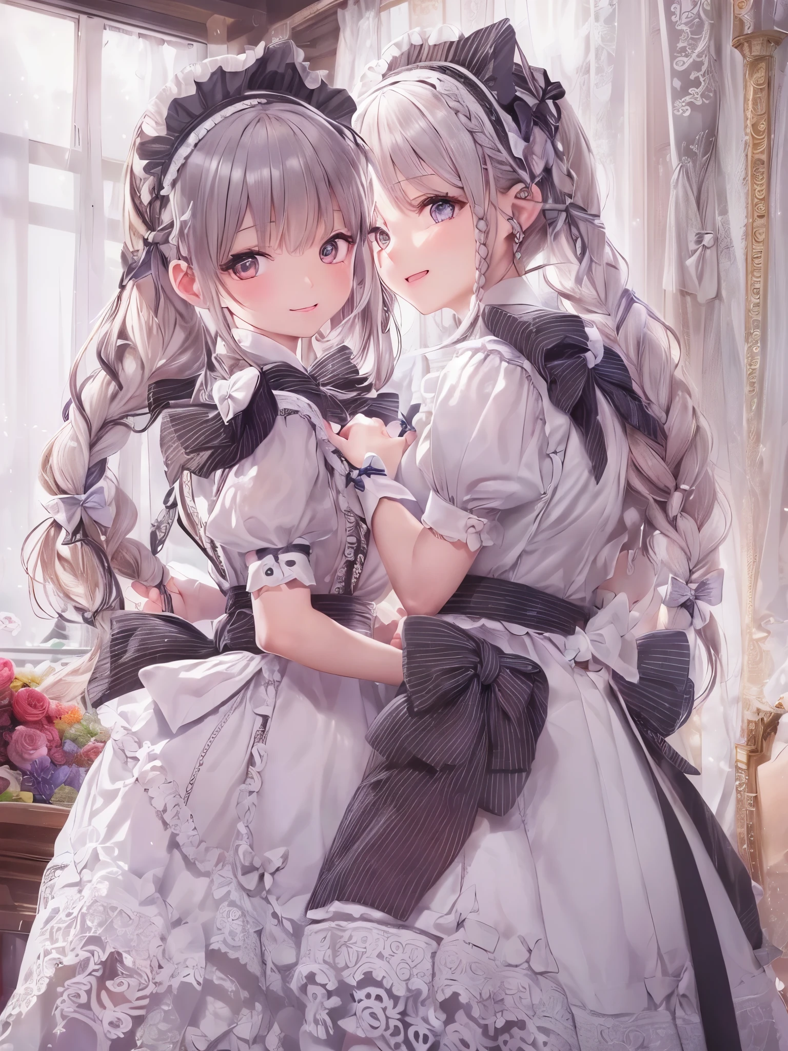 ((Highest quality)),(Ultra-high resolution),(Ultra-detailed new),(Detailed Description),((The best CG)),(masterpiece),Highly detailed art,A wonderful new art form,(Art with precise details:1.5), (Maid:1.7),(Cheerful:1.4),(Two braided long hair:1.6),(クラシカルMaid服:1.3),(Long skirt:1.4),((bow:1.6)), antique:1.3,Solemn:1.1,