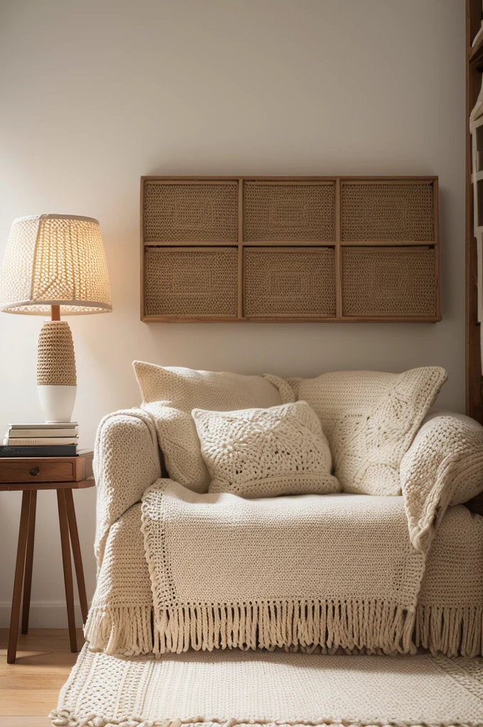Create an image of handmade crochet bags, in a well-lit and welcoming environment. neutral background, like a white wall or light wooden table. Visible details of crochet stitches. Add subtle elements like flowers or books. soft, natural lighting, highlighting colors and textures.
