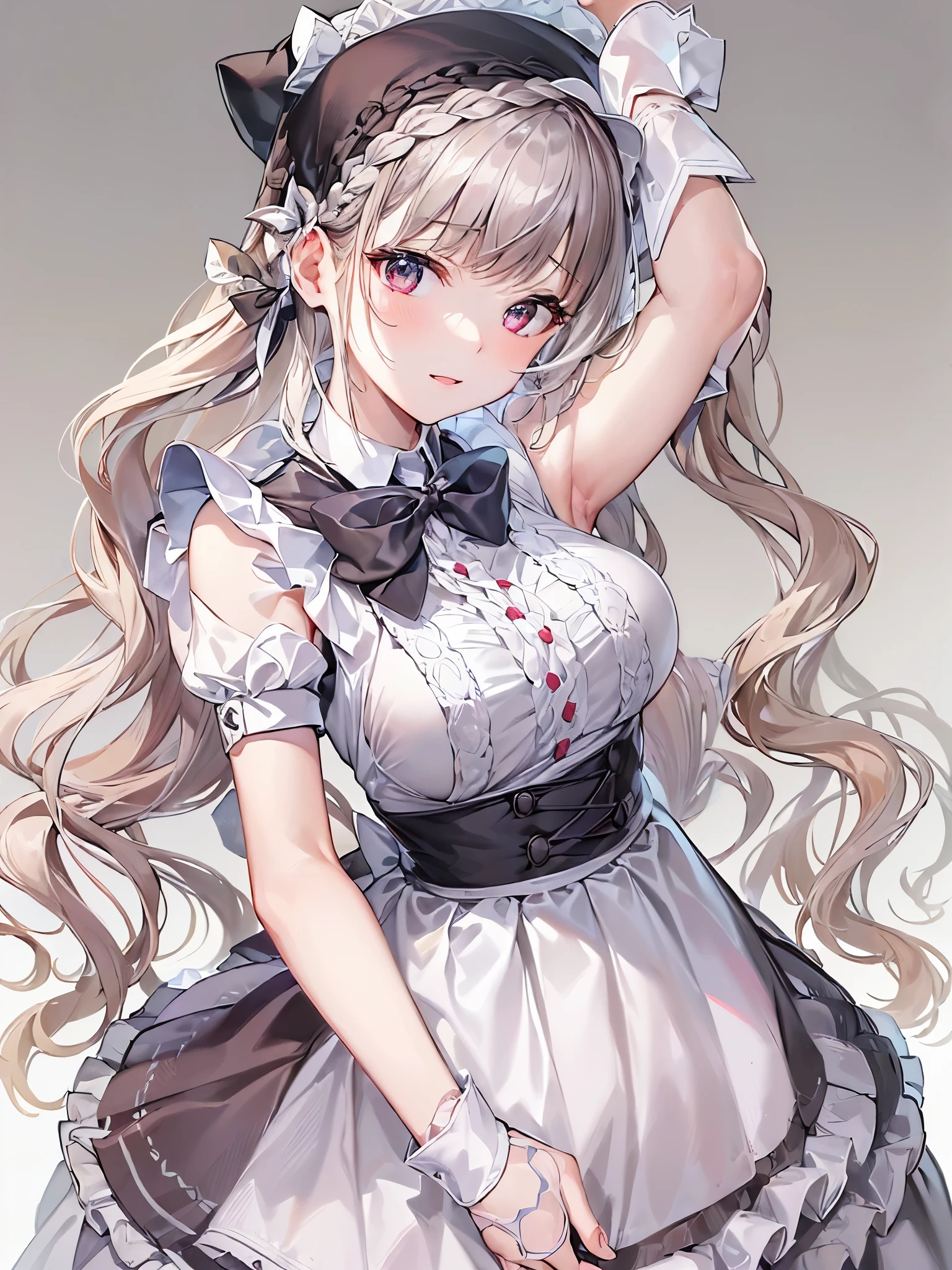((Highest quality)),(Ultra-high resolution),(Ultra-detailed new),(Detailed Description),((The best CG)),(masterpiece),Highly detailed art,A wonderful new art form,(Art with precise details:1.5), (Maid:1.7),(Cheerful:1.4),(Two braided long hair:1.6),(クラシカルMaid服:1.3),(Long skirt:1.4),((bow:1.6)), antique:1.3,Solemn:1.1,