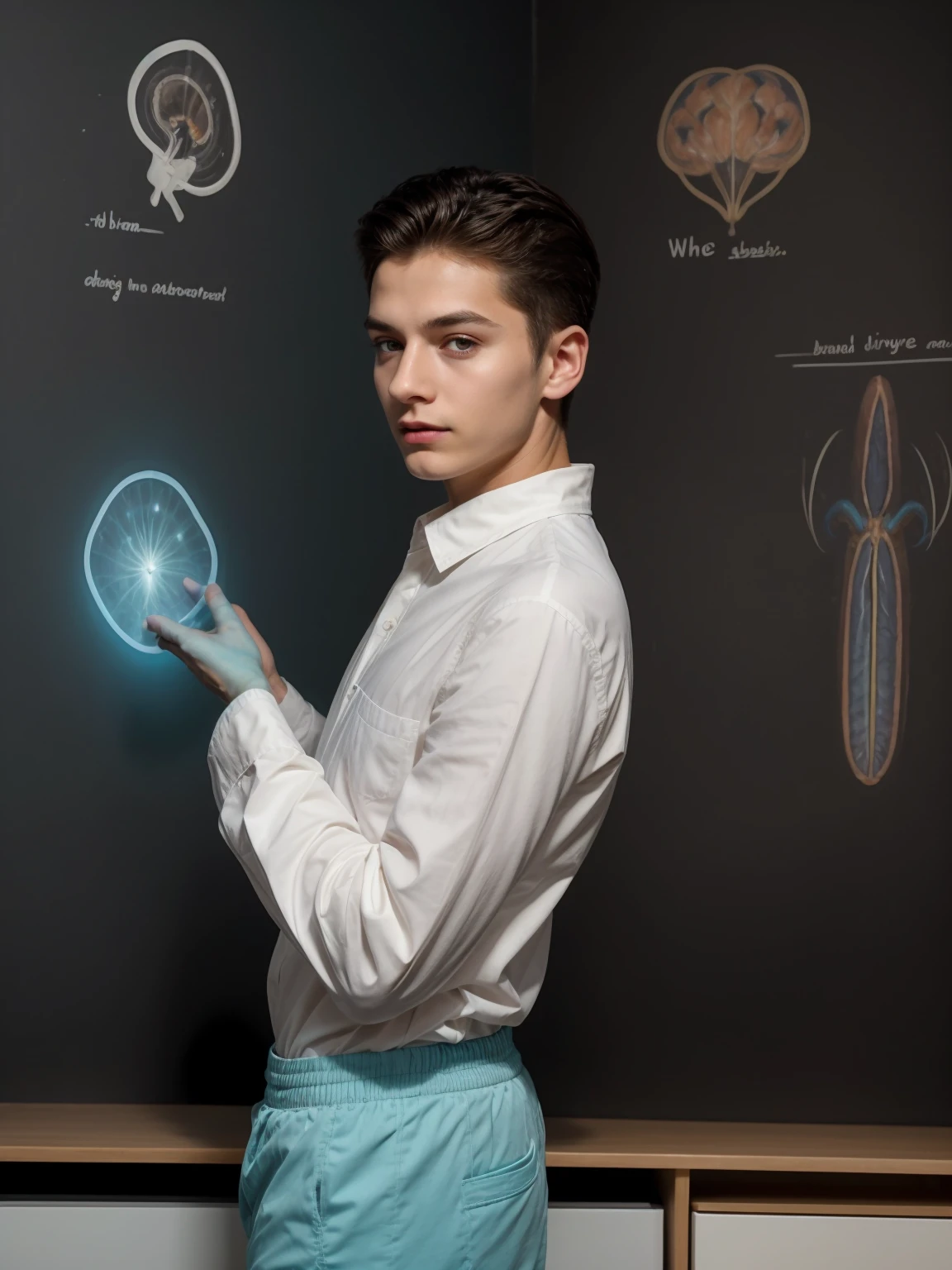 A beautiful young man, a cute male twink, with black hair, a face with reddish make-up, wearing a bright white long-sleeved shirt and aqua blue pants. He is in his office, and behind him is a blackboard on which is written the shape of the brain and its anatomy, and nuclear energy emerges from it, and in his hand is a magic wand.