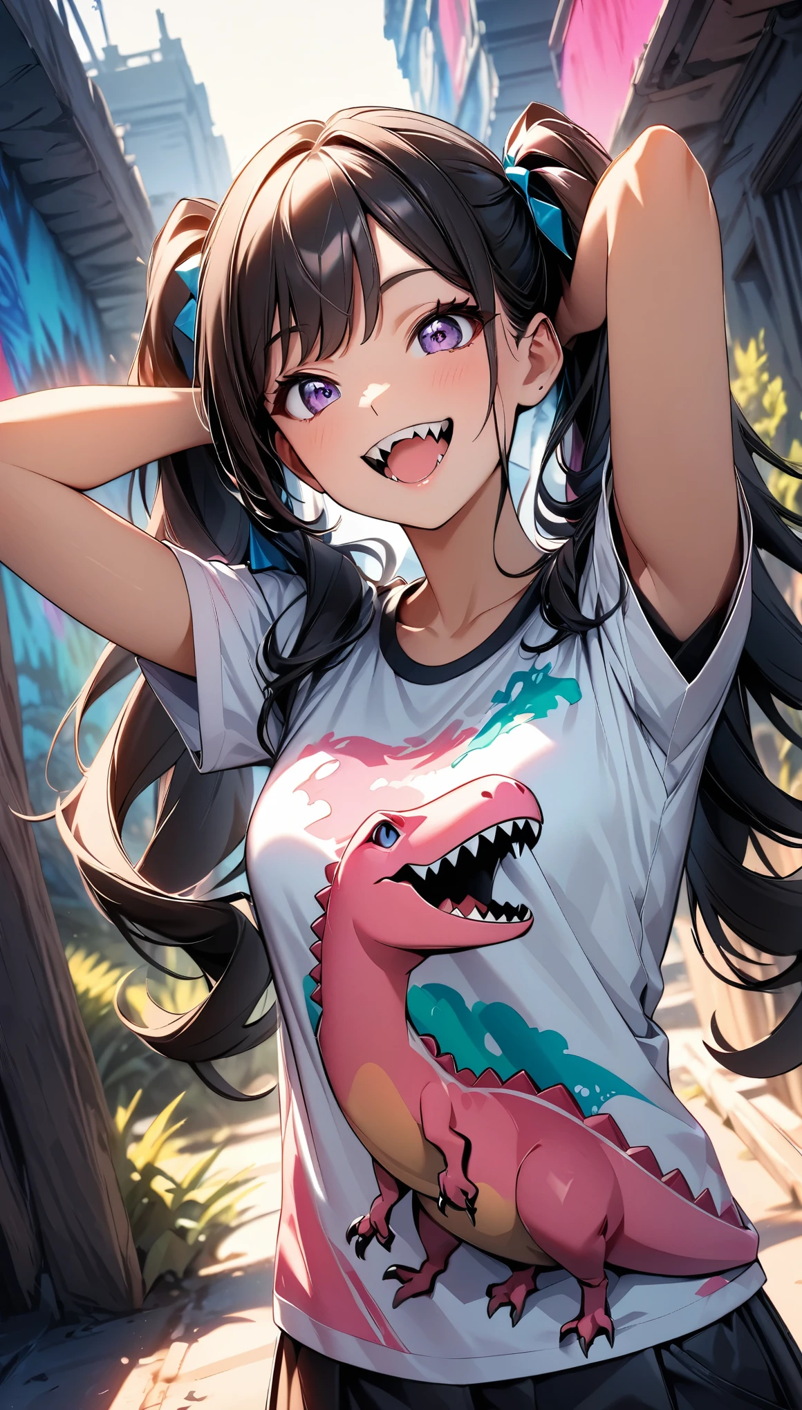 (Highest quality:1.2, Very detailed, Latest, Vibrant, Ultra-high resolution, High Contrast, masterpiece:1.2, Highest quality, Best aesthetics), (((1 girl))), Beautiful woman, (smile), Bright color palette, Colorful art, Black Hair, Twin tails, girl, Dinosaur print on T-shirt, Pink Dinosaurが描かれたTシャツ, (Hands behind head, Show off your t-shirt design), JK, ((Pink Dinosaur:1.6, Dinosaur characters)), Expression of joy, bark, Sharp Fangs, Pink scale dinosaur illustration, Random Action, Fantasy, Dutch Angle, Pop Art.