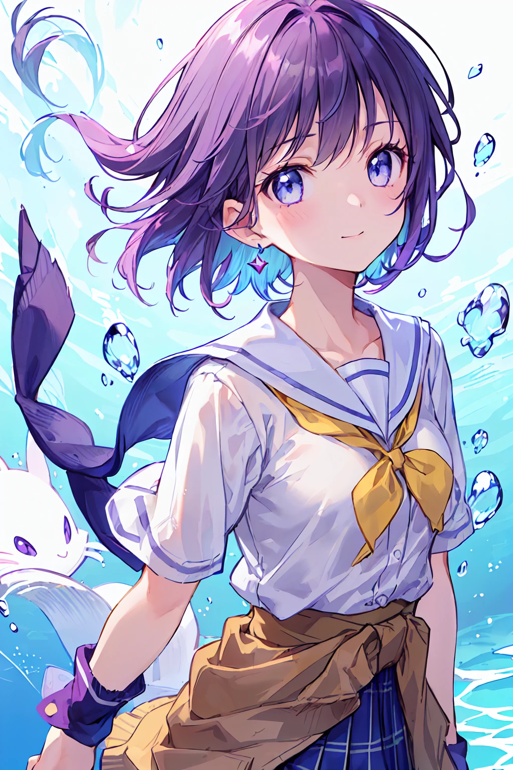 ((One girl)), (((Close-up of ezwebxtreme:1.2))), (((Underwater))), (((bubble))),View your viewers, floating hair, Outdoor, Wind, masterpiece, Highest quality, Awareness-raising, ((Highest quality)), ((masterpiece)), ((Ultra-detailed)), (Very delicate and beautiful), ((school uniform)),She is very(relax)with(Calm)Appearance, Depth of written boundary,A fleeting smile,, Air bubbles,bright light blue eyes,Cold Background, - Line art, The clothes are transparent、 (((short_hair))),((toru asakura、焦茶 hairs、Earrings、gradation hair、multi color hair、分けた前hair、Purple hair、cardiganウエストラップ、Waist wrap、A simple, loose black tie、cardigan、Plaid、グレーのPlaidスカート、Grey pleated skirt、、Skirt、Rolled up my sleeves、Wristband)), Delicate facial features, Detailed eyes, Sharp pupils, Realistic students, Depth of written boundary, ボケ Depth of written boundary,((Perfect hands, Perfect Anatomy: 1.0)), ((Highly detailed face, Perfect Face)), (Beautiful Face:), Slender body, Browsing Caution, ((One girl)),Small breasts