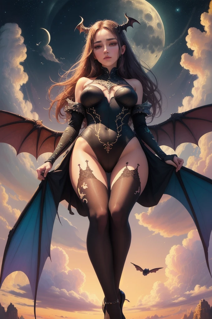 ((best quality)), ((masterpiece)), (detailed), succubus, ethereal beauty, perched on a cloud, (fantasy illustration:1.3), enchanting gaze, leotard, pantyhose, stockings, bodysuit, captivating pose, delicate wings, otherworldly charm, mystical sky, large moon, moonlit night, soft colors, (detailed cloudscape:1.3), (high-resolution:1.2), from below, (rating_explicit), (score_9, score_8_up, score_7_up, score_6_up, score_5_up, score_4_up, high res, 4k)