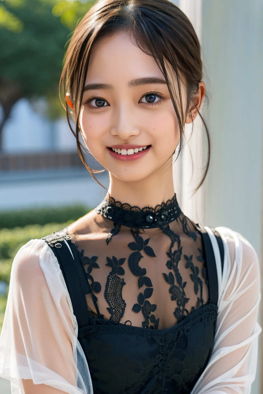 Ultra-high resolution,big eyes,((brown eyes)),Japanese,(forehead),(a girl),(1 girl),(()),(cute),pretty,((facing at viewer)),arms behind back,grin,(((black lace clothes)))