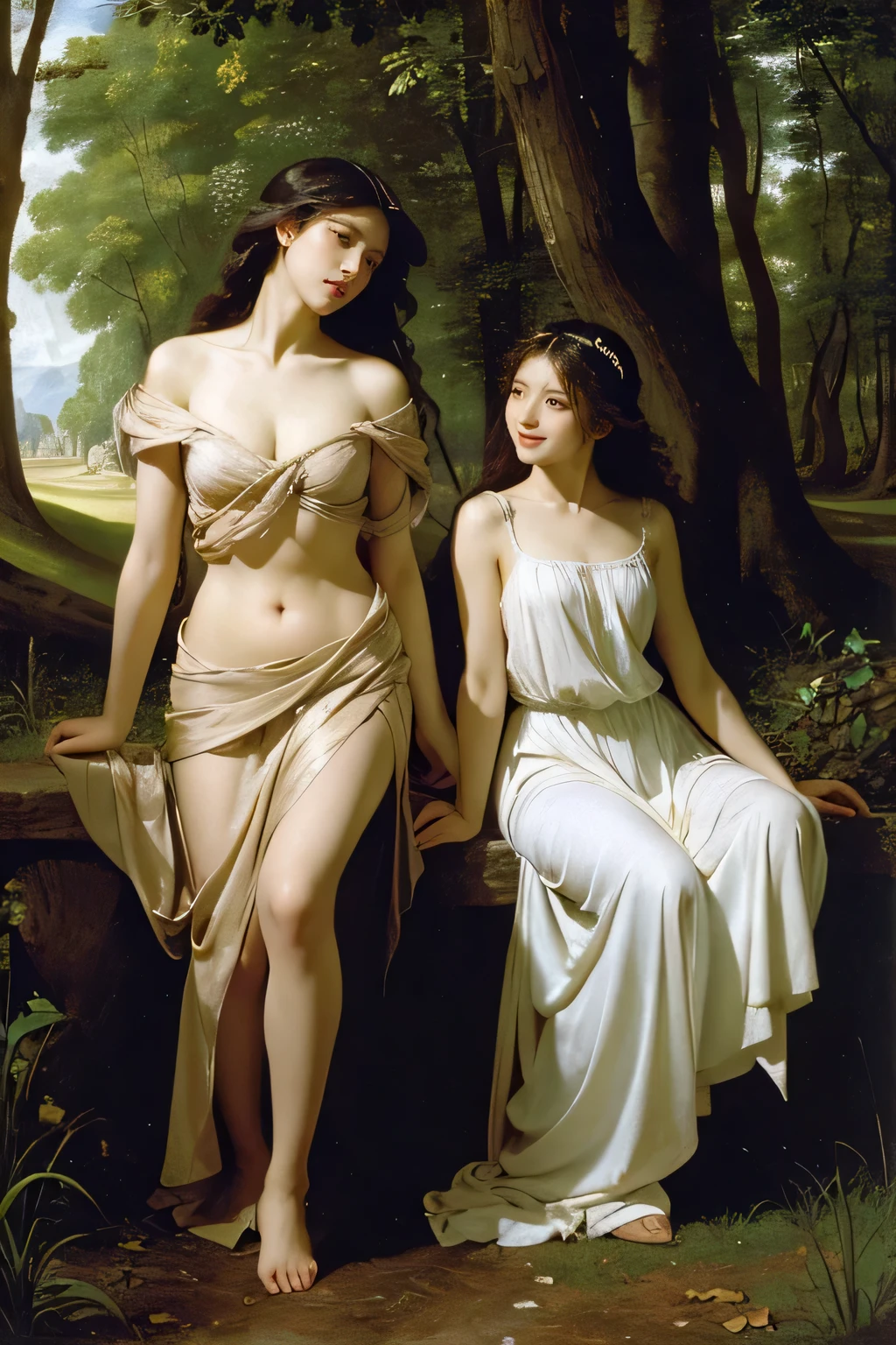 Giorgione painting style,Barbizon forest A beautiful woman in Greek dress smiles on the shore,Sweet and seductive appearance.、Caravaggio's paintings、Chiaroscuro of Caravaggio、hair tousled by the wind,Two women frolicking,cute smile, expression of ecstasy,Sexy,erotic, full body portrait