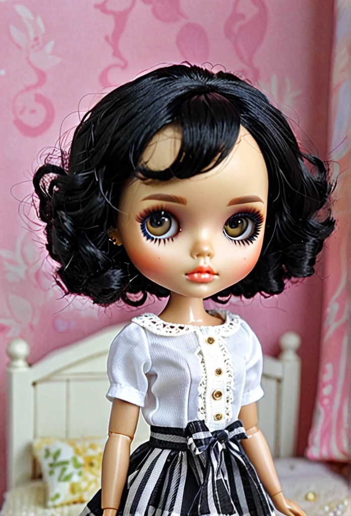Blythe dolls , messy short curly black hair ,neutral skin