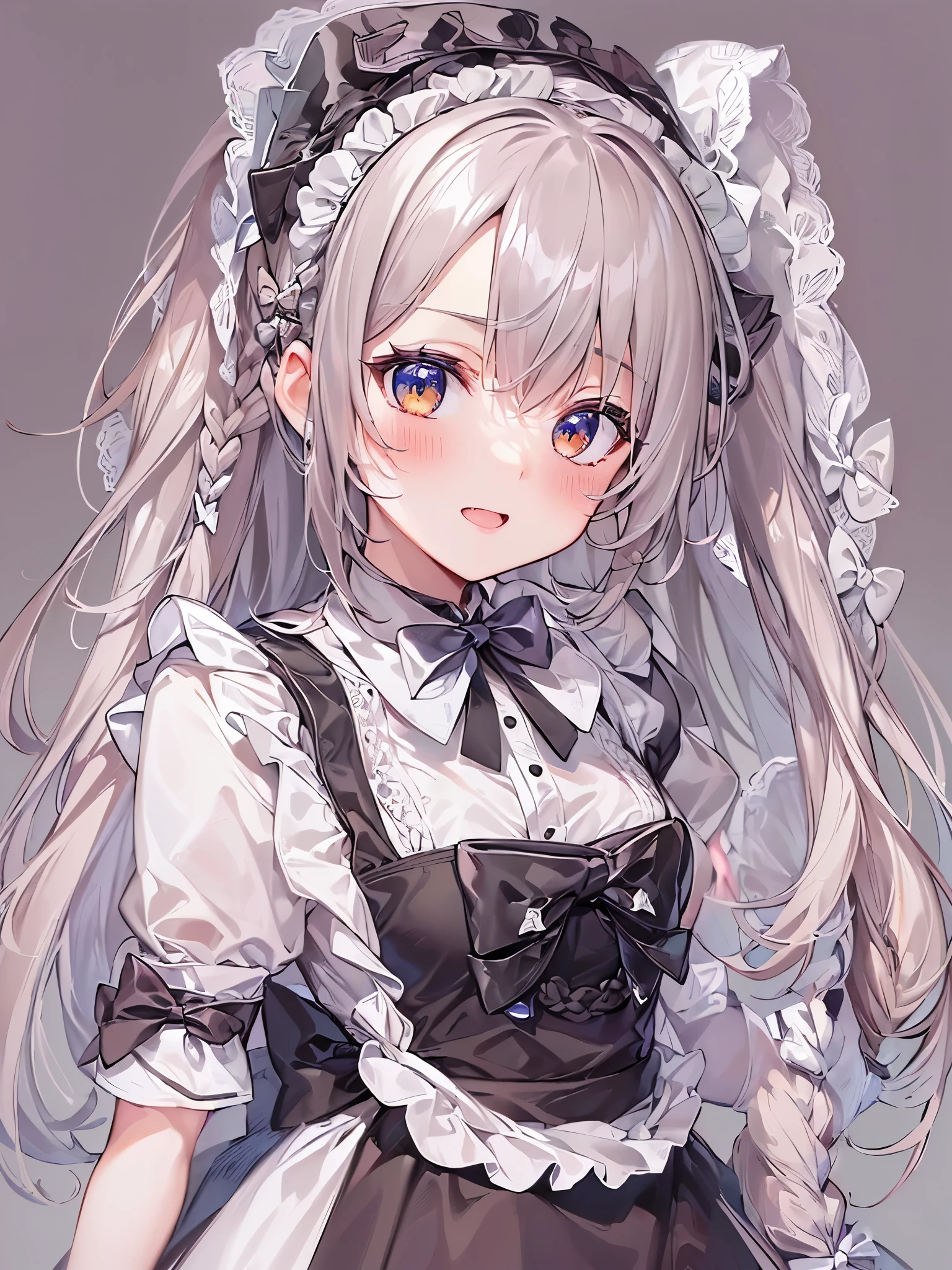 ((Highest quality)),(Ultra-high resolution),(Ultra-detailed new),(Detailed Description),((The best CG)),(masterpiece),Highly detailed art,A wonderful new art form,(Art with precise details:1.5), (Maid:1.7),(Cheerful:1.4),(Two braided long hair:1.6),(クラシカルMaid服:1.3),(Long skirt:1.4),((bow:1.6)), antique:1.3,Solemn:1.1,