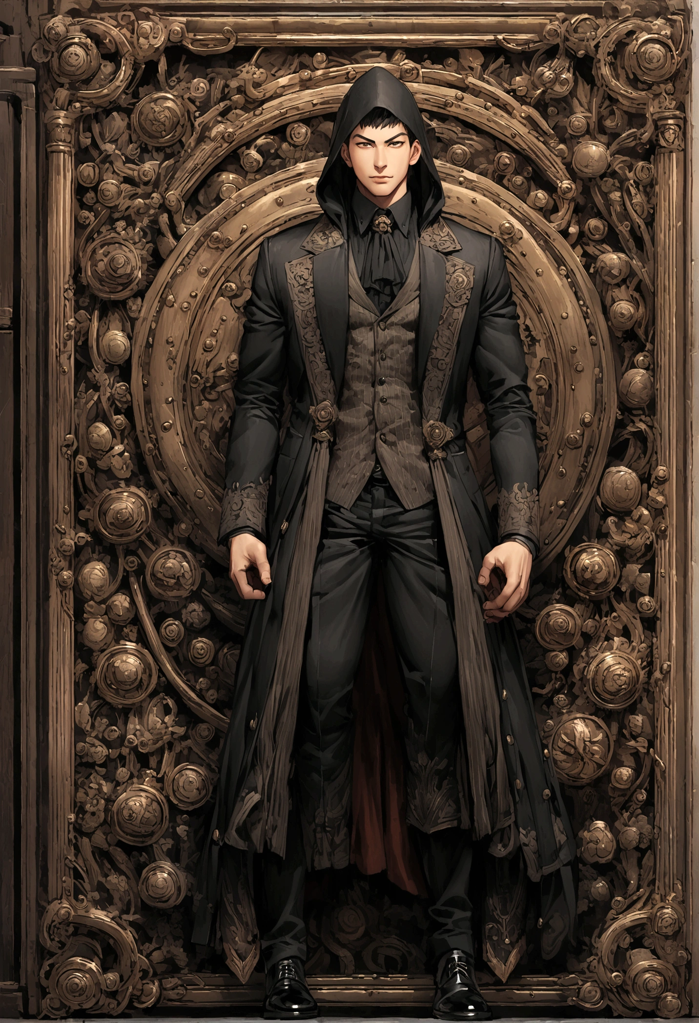 male，Dressed in black，With black hood，Black pants，Black shoes，Antique industry practitioners
