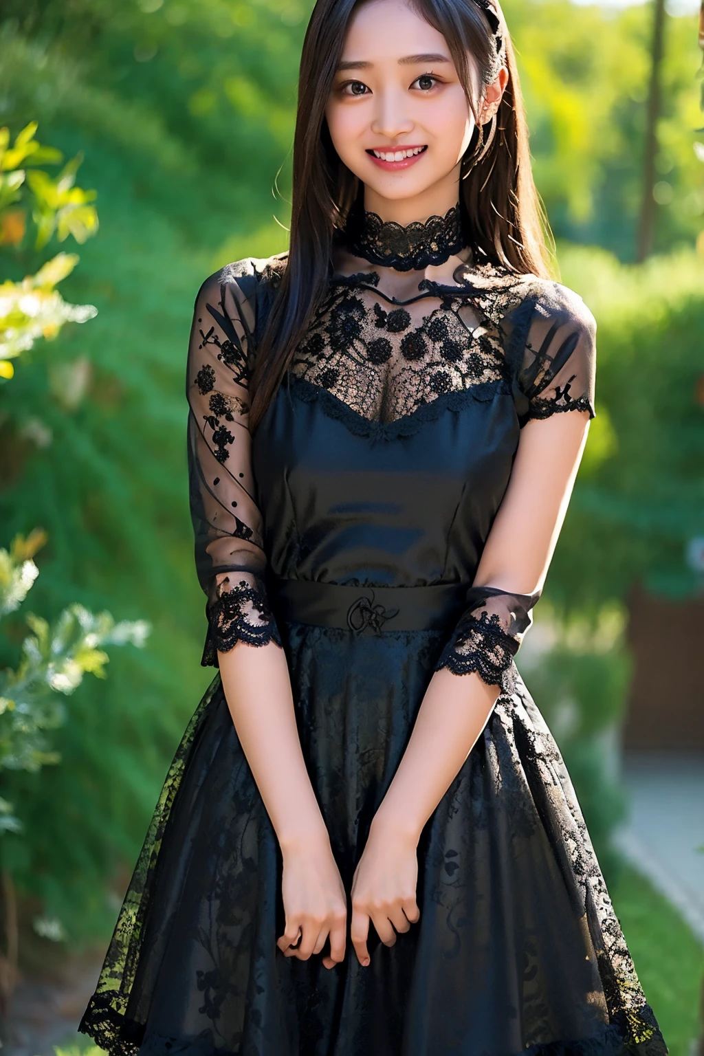Ultra-high resolution,big eyes,((brown eyes)),Japanese,(forehead),(a girl),(1 girl),((17 years old)),(cute),pretty,((facing at viewer)),arms behind back,grin,(((black lace clothes)))