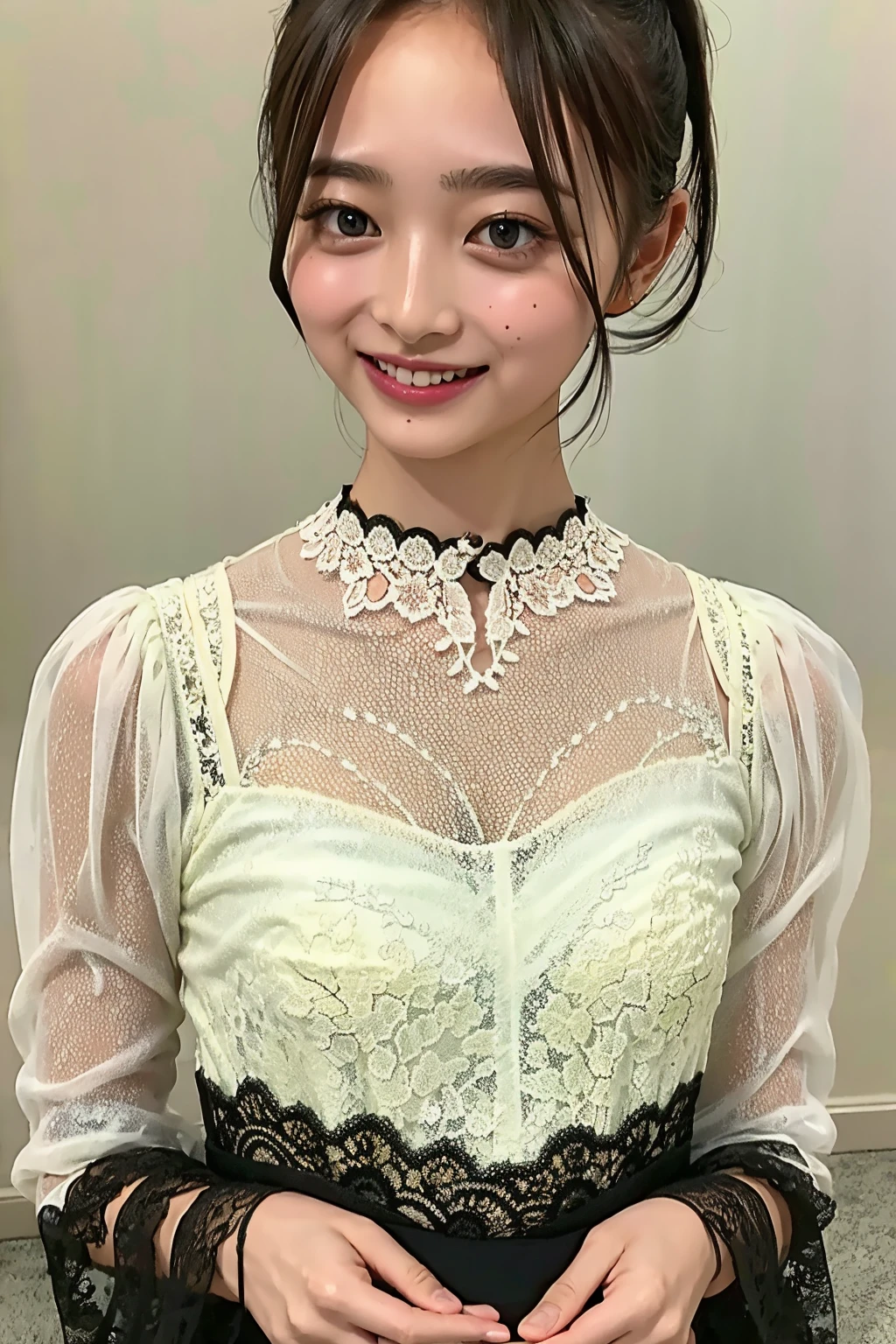 Ultra-high resolution,big eyes,((brown eyes)),Japanese,(forehead),(a girl),(1 girl),((17 years old)),(cute),pretty,((facing at viewer)),arms behind back,grin,(((black lace clothes)))