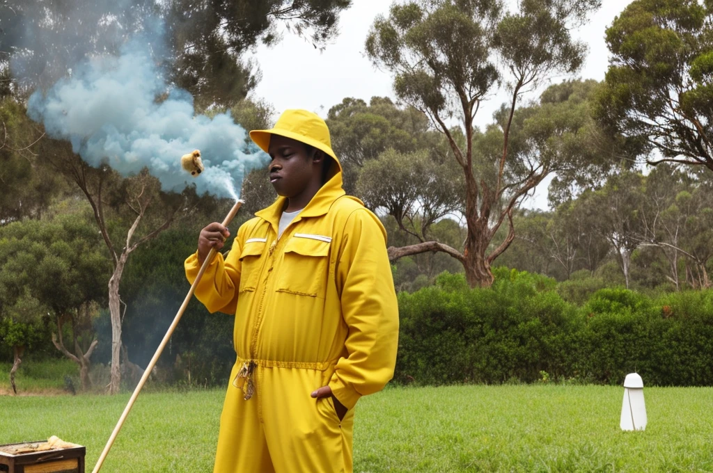 He has 1,70 approximately, a little overweight, yellow beekeeper jumpsuit dress, holding a beekeeping fumigator releasing smoke to the left side. It is in a place with many trees, mostly eucalyptus, and with grass. I would like this image