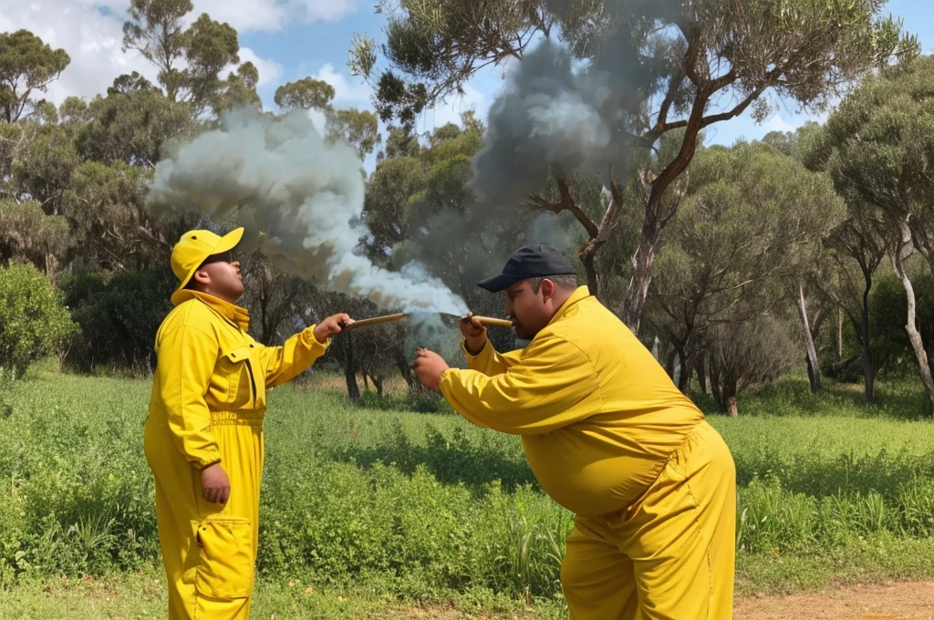He has 1,70 approximately, a little overweight, yellow beekeeper jumpsuit dress, holding a beekeeping fumigator releasing smoke to the left side. It is in a place with many trees, mostly eucalyptus, and with grass. I would like this image
