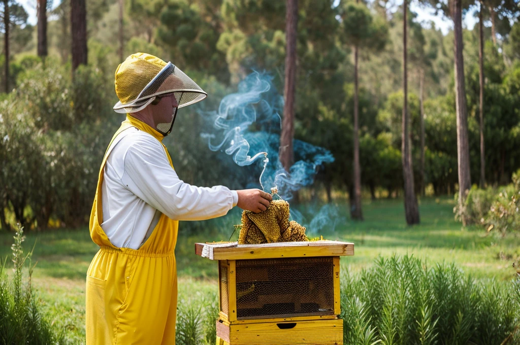 He has 1,70 approximately, a little overweight, yellow beekeeper jumpsuit dress, holding a beekeeping fumigator releasing smoke to the left side. It is in a place with many trees, mostly eucalyptus, and with grass. I would like this image
