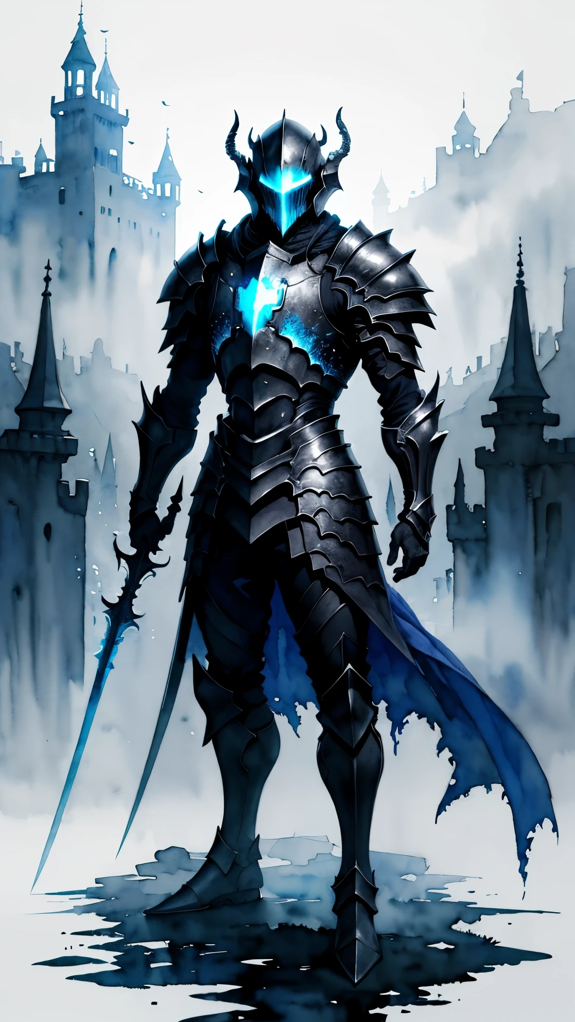(masterpiece:1.2),(Highest quality),(Very detailedな),(Ultra-high resolution),8K,Vast landscape photography,(Dark Souls Style),((watercolor)),(The Abyss Knight stands),Abyssal Sword,Abyssal Armor,Abyssal Shield,(One person: 1.5),Very detailed,The background is a gradient of black, blue and grey,The very deep darkness,Castle of Darkness,((hands))