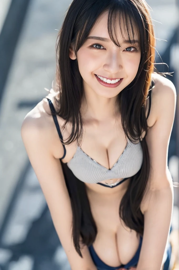 a woman,1 girl,black hair, hair bobbles, longeyelashes, solid circle eyes, light smile, mole under eye, piercing, light smile, shy, puckered lips, Surrealism, drop shadow, stereogram, ass pov, atmospheric perspective, depth of field, first-person view, f/1.8, 8K, super detail, ccurate, best quality, highres, best quality,full body,professional lighting,Cleavage