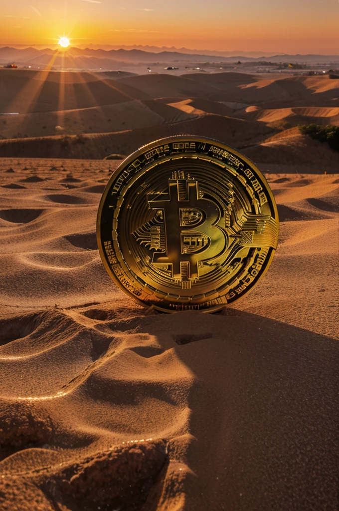 Bitcoin in wonderfull sunrise background with painting style