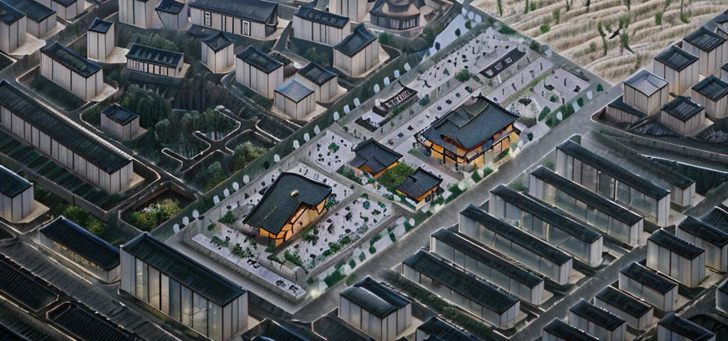 City aerial view,Highest quality,Chinese Ink Painting,antiquity,Rural buildings between mountains and rivers,Glass facades,Clean glass,Trees,Decorative Arts,Sloped roof,Best quality,Architectural Photography,Photorealism,Hyperrealism,Ultra Detailed,V-ray,(architectural design)