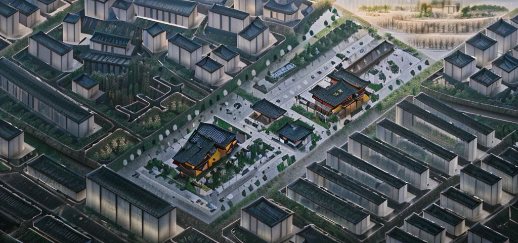 City aerial view，Highest quality，Chinese Ink Painting，antiquity,Rural buildings between mountains and rivers，Glass facades，Clean glass，Trees，Decorative Arts，Sloped roof，Best quality,Architectural Photography,Photorealism,Hyperrealism,Ultra Detailed，V-ray，（architectural design）
