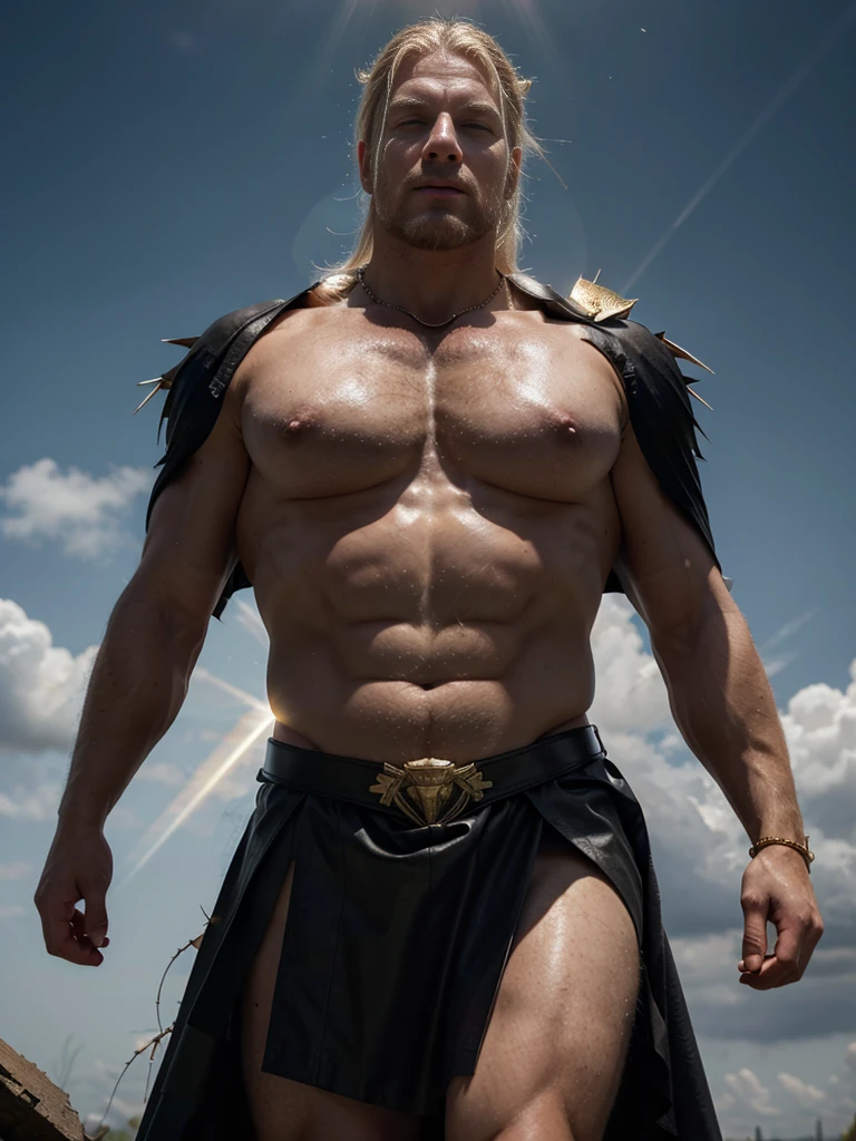 Hyperrealistic image of an elderly blond Nordic warrior holy martyr with a branches of thorns surrounding his head and body and drops of blood running down his body over 79 years old superhero angel with rays of light coming out of his body with two black wings spread with gray hair and a light halo with rays of light on his super heavy head and very fat and very handsome bodybuilder with huge flabby pecs and very sweaty big pointy nipples in a sky of very white clouds dressed only in a leather Roman skirt and gold and a cape and a large cross of gold and jewels on the chest