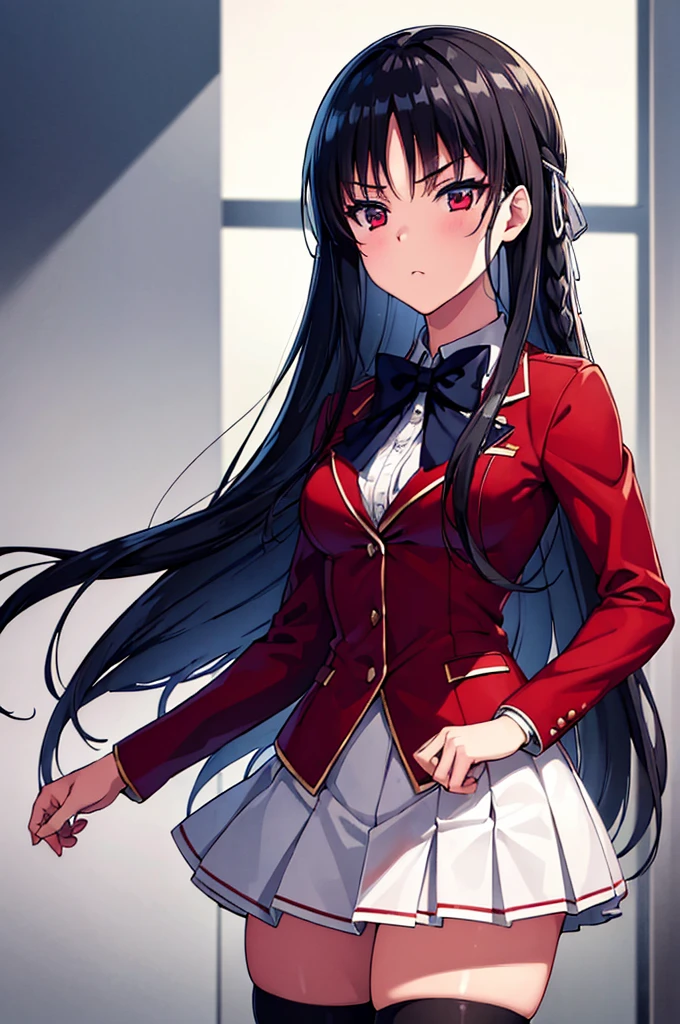 (masterpiece, best quality:1.4), (ultra detailed:1.4), super fine illustration, official art, anime screencap, anime keyvisual, perfect anatomy, 8k portrait, (cowboy shot:1.2),
1girl,
Suzune Horikita,
Suzune Horikita \(youjitsu\),
long hair, braid,
black hair,
(red eyes, slant eyes, small eyes),
blue bow,
medium breasts,
red jacket, pleated white skirt, black thigh-high socks,
looking at viewer,
perfect light, background of indoors, dynamic pose,