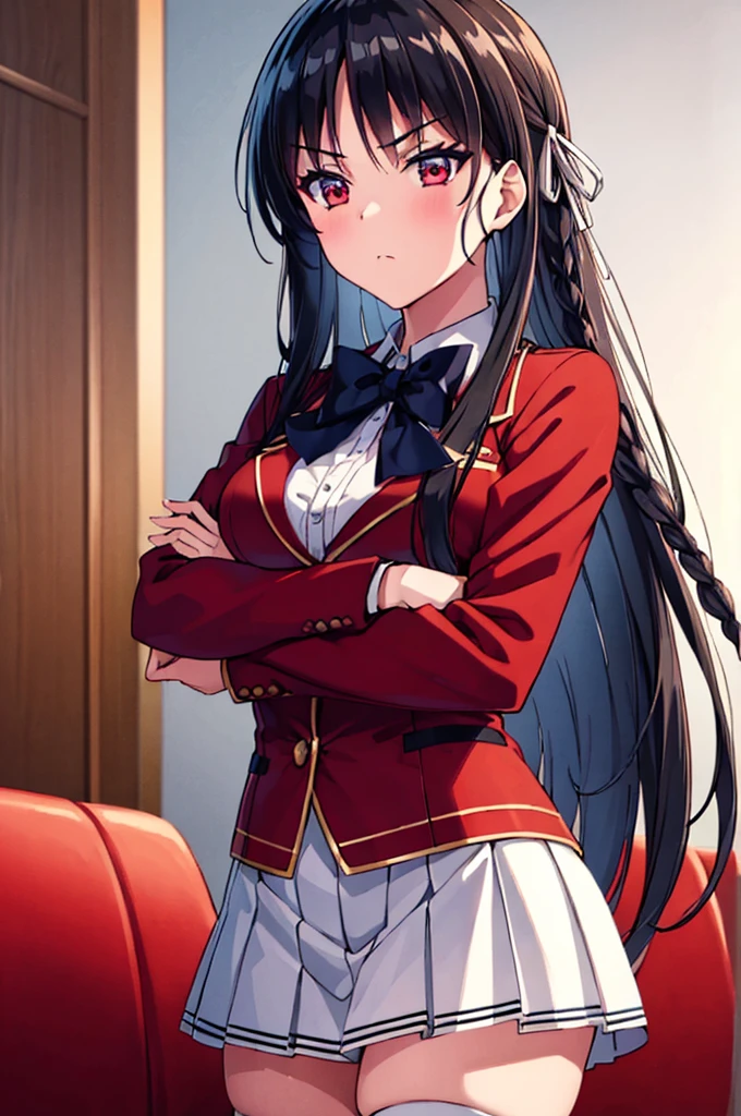 (masterpiece, best quality:1.4), (ultra detailed:1.4), super fine illustration, official art, anime screencap, anime keyvisual, perfect anatomy, 8k portrait, (cowboy shot:1.2), 
1girl,
Suzune Horikita, 
Suzune Horikita \(youjitsu\),
long hair, braid, 
black hair, 
(red eyes, slant eyes, small eyes), 
blue bow, 
medium breasts, 
red jacket, pleated white skirt, black thigh-high socks,
looking at viewer, 
perfect light, background of indoors, dynamic pose, 