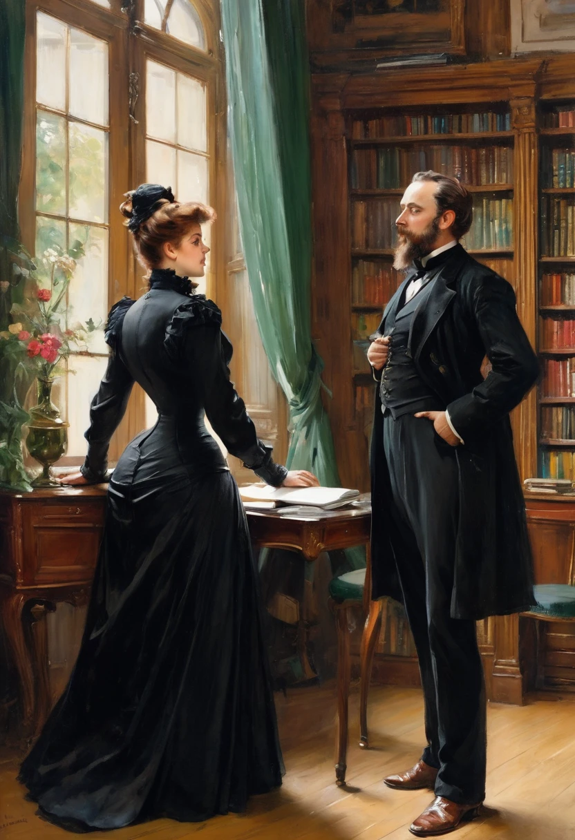 Full body view, a tall voluptuous buxom, fully figured, mature victorian widow in a black dress having a intimate conversation with a young man in the library, by Jean Béraud, inspired by Jean Béraud, inspired by Édouard Detaille, edouard leon cortes, inspired by Ivan Kramskoi, inspired by Jean-Louis-Ernest Meissonier, by Édouard Detaille, inspired by Paul Émile Chabas