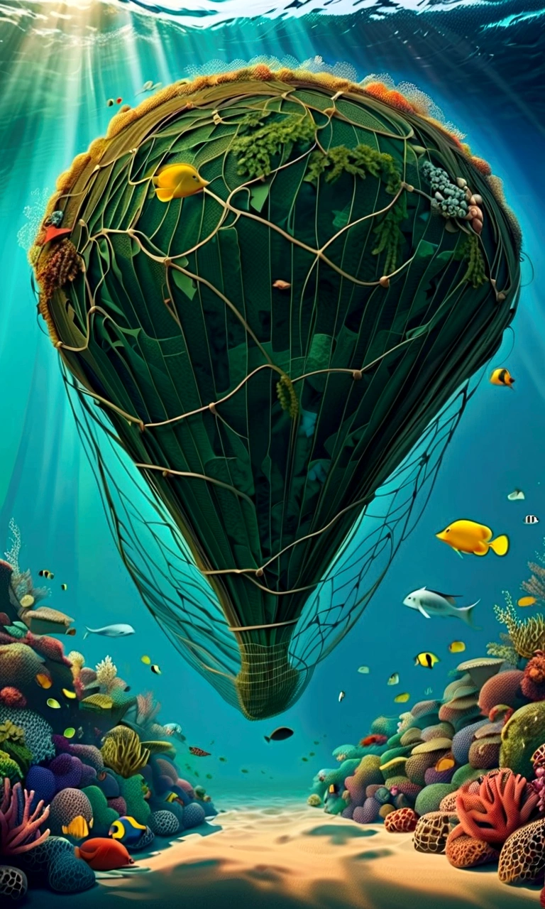 Creative illustrations。Environmentally friendly ideas。A big net in the ocean。Lots of marine debris