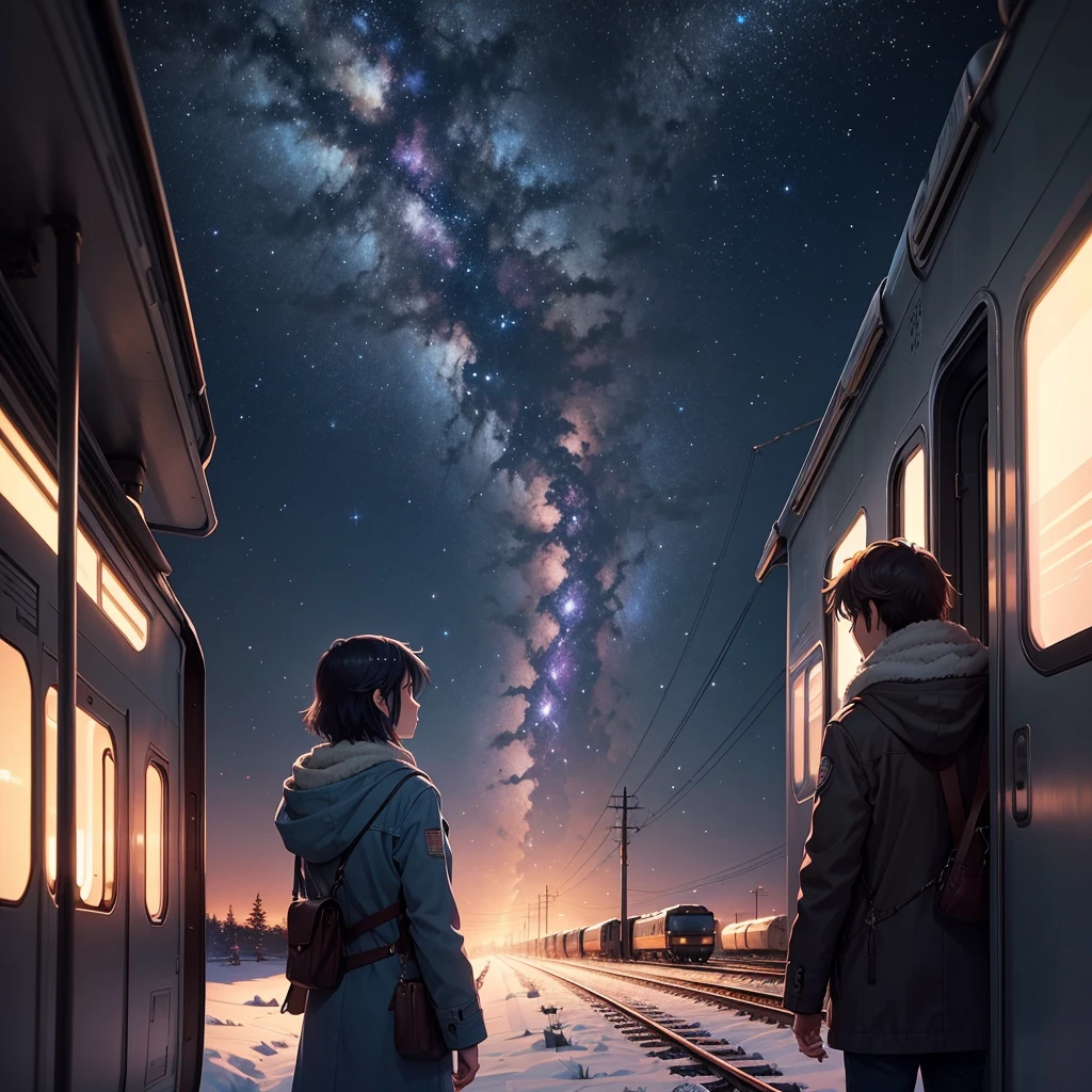 In a tranquil winter night, under the ethereal glow of a cosmic sky, a train glides gracefully along snow-covered tracks. The scene unfolds with Makoto Shinkai's signature magic realism, where the train itself seems alive with a quiet, mysterious energy. The landscape is painted in shades of deep blues and purples, reminiscent of a galaxy painted across the heavens. There are no humans in sight, only the silent companionship between the train and the vast, starlit sky. This evokes the essence of Makoto Shinkai's renowned anime backgrounds, capturing a moment of serene beauty and cosmic wonder.