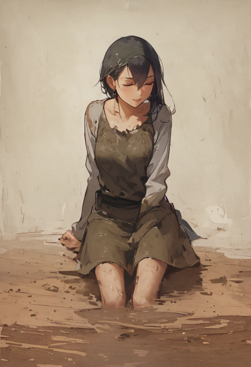 tideland、Muddy、legs covered in mud、There's a little bit of mud on my face、White tiny string bikini、Underboob、Thighs、Butt、Dynamic Angle、Straw hat、Seaside、Sandy Beach、Beach、、smile、sunlight、Both eyes open、Mutsugoro
