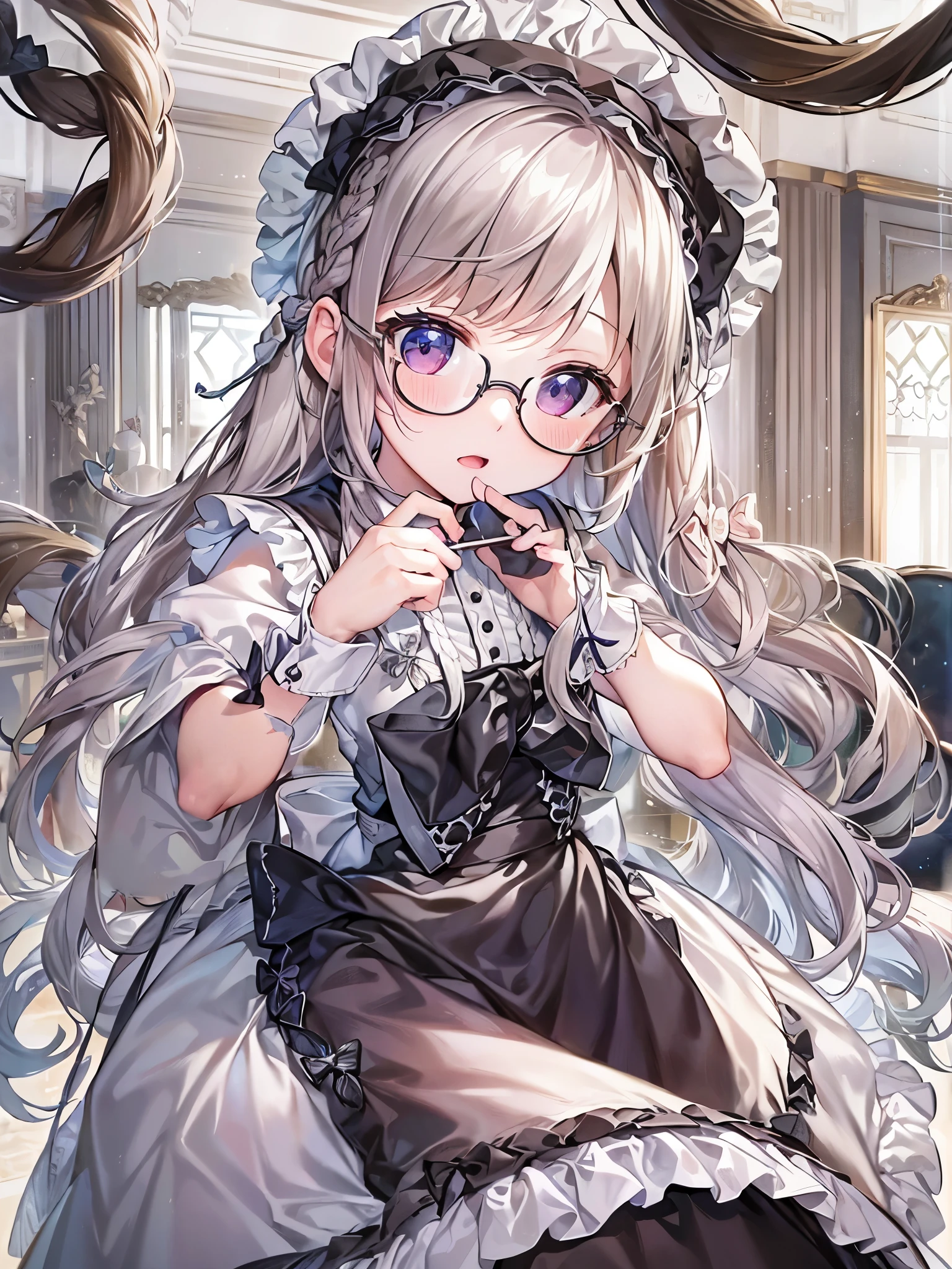 ((Highest quality)),(Ultra-high resolution),(Ultra-detailed new),(Detailed Description),((The best CG)),(masterpiece),Highly detailed art,A wonderful new art form,(Art with precise details:1.5), (Maid:1.7),(Cheerful:1.4),(Two braided long hair:1.6),(クラシカルMaid服:1.3),(Long skirt:1.4),(Under-rim glasses:1.4),((bow:1.6)), antique:1.3,Solemn:1.1,