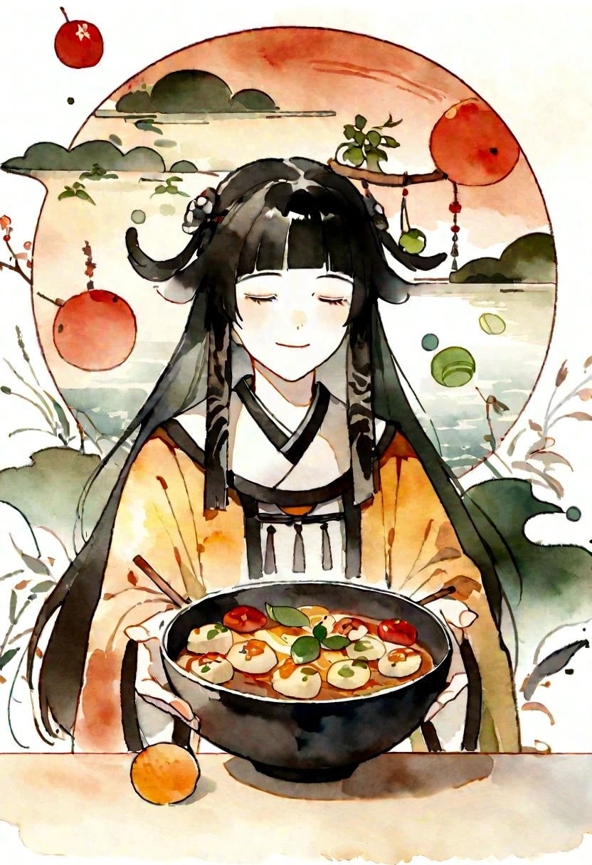 There is a picture,There was a bowl with food inside.,There is a youth league inside., chinese watercolor style, Hu Huao(Hu Zao)inspired by, Songs inspired by Wang Mian, Inspired by Pan Tianshou., author:Liao Zichun, Works inspired by Gong Li, author:Kuleilei, Inspired by Luo Ping, amazing food pictures, Traditional Chinese watercolor, 궈춘inspired by