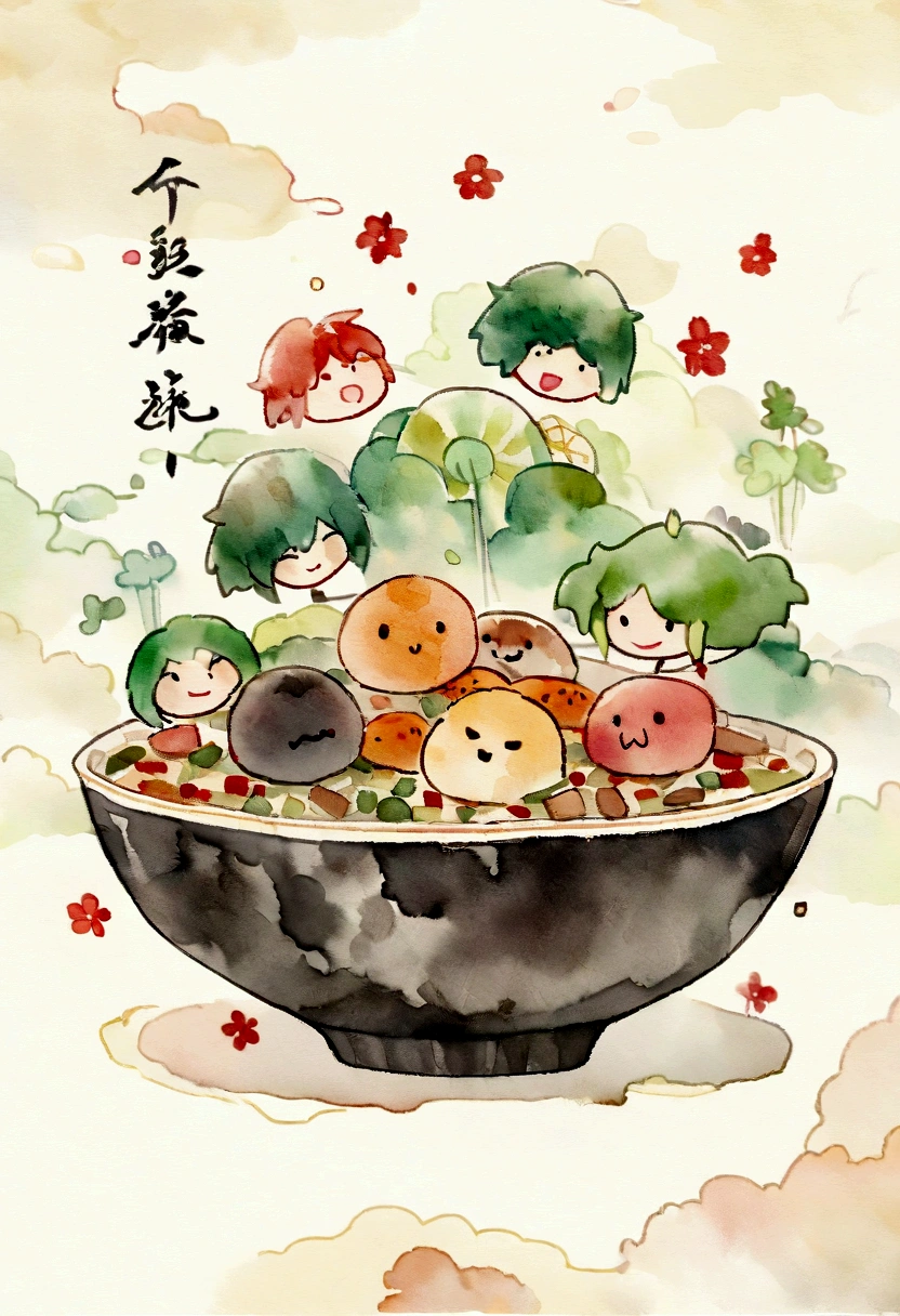 There is a picture，There was a bowl with food inside.，There is a youth league inside., chinese watercolor style, Hu Huao(Hu Zao)inspired by, Songs inspired by Wang Mian, Inspired by Pan Tianshou., author：Liao Zichun, Works inspired by Gong Li, author：Kuleilei, Inspired by Luo Ping, amazing food pictures, Traditional Chinese watercolor, 궈춘inspired by