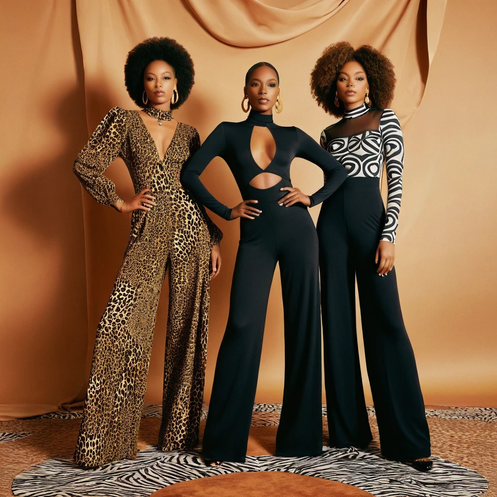 1997 R&B album artwork photography, a band of 3 african american women, Each member is dressed in a stylish, 1990s-inspired outfit that reflects their individual personalities. One member is wearing a fitted, long-sleeved dress with a high neckline and a flared skirt, Another member is dressed in a sleek, high-waisted jumpsuit with a bold graphic print, The third member is wearing a flowy, bohemian-inspired outfit with a mix of patterns and textures, (reminiscent of late 1990s fashion). The 3 women are arranged in a semi-circle, with their faces turned towards the center, as if they're sharing a secret. The background is a warm, golden brown, with subtle texture to give it a sense of depth and dimension. Highly detailed and intricate