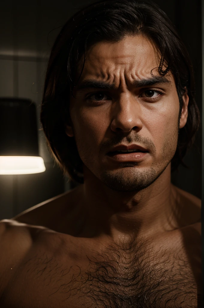 A dramatic realistic illustration of a man in close up, expression of discouragement, jaded, cabelo messdo, wrinkled clothes, in a sleeveless shirt, a television with netflix, a coffee table with beers, mess.