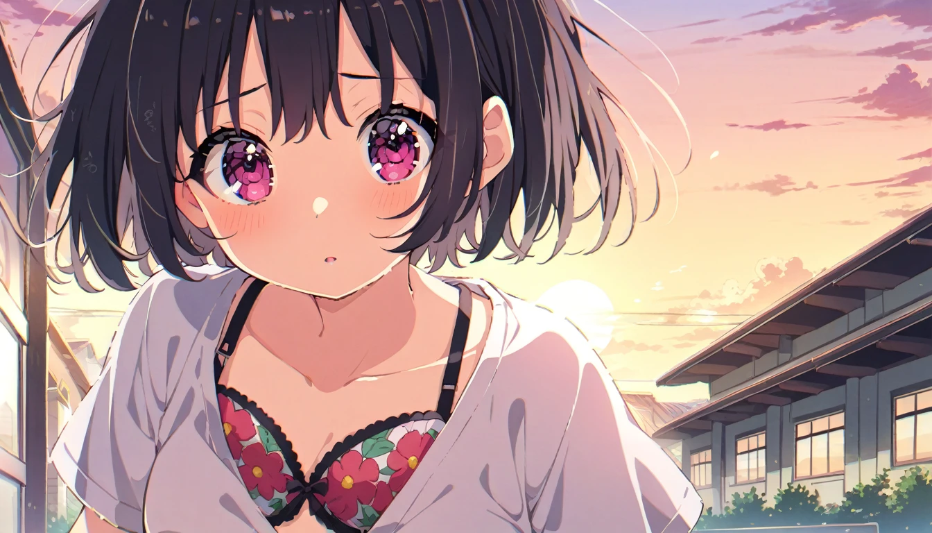 A girl with short black hair, floral bra and floral panties, blushing, running as fast as she can from head to toe、In front of the school building at dusk