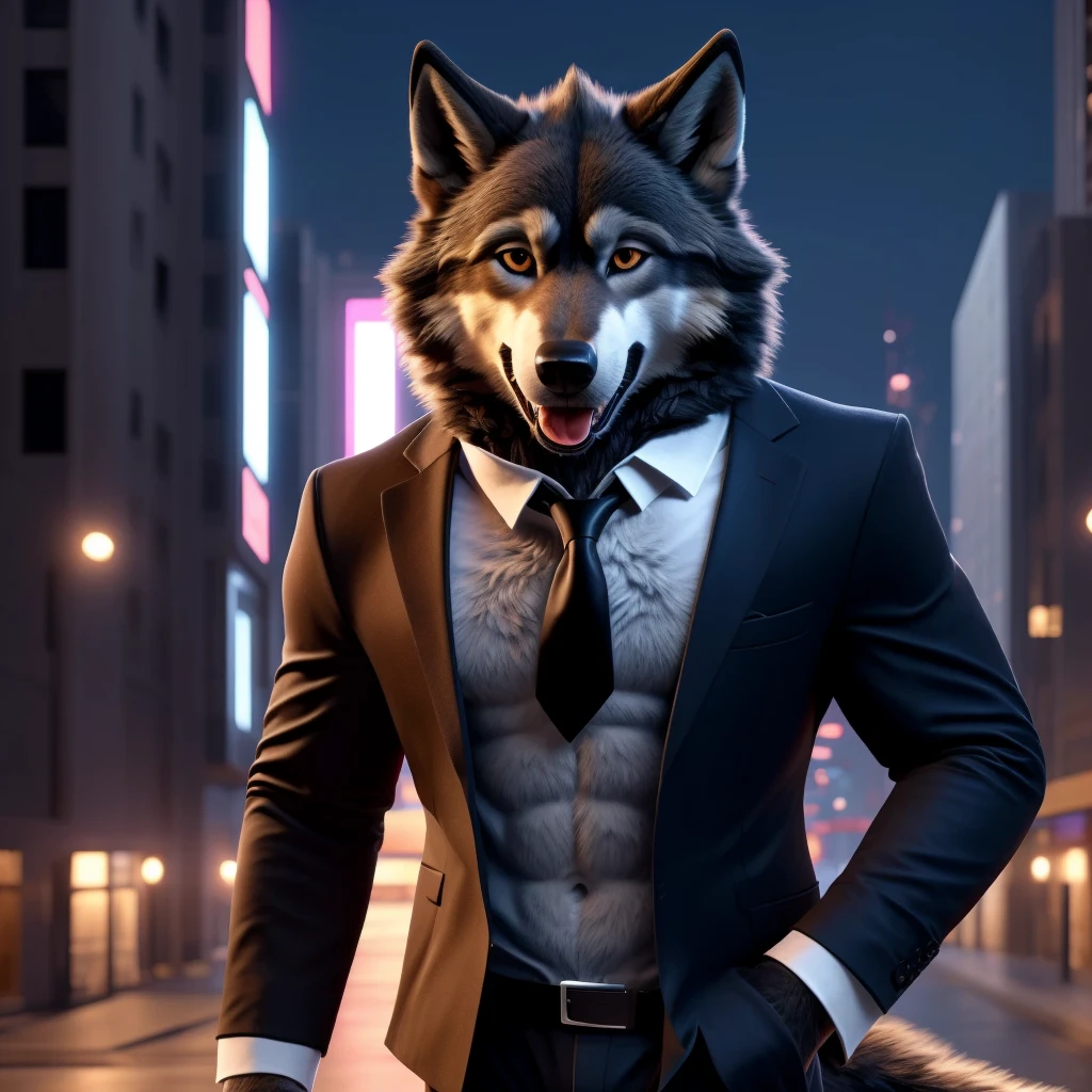 Posing, Male, 30 years old, happy, mouth open with tongue hanging out, black suit with red tie, anthro, wolf ears, (black fur:1.5), wolf, city background, 8k, hi res, (best quality, masterpiece), (wolf tail:1.5), detailed fur, solo, looking at camera, night,  suit jacket open, no shirt under suit jacket