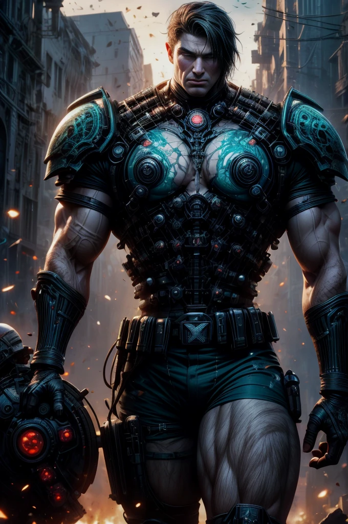 An exuberant warrior mix of Chistina Hendrix and Bryce Dallas Howard in a Gears of War uniform, very pretty,green eyes, short dark hair,full lips, beautiful, with his sexy combat uniform, big chest, narrow waist, muscular legs, is in struggle in a city with immense half-ruined buildings, all full of imagination,