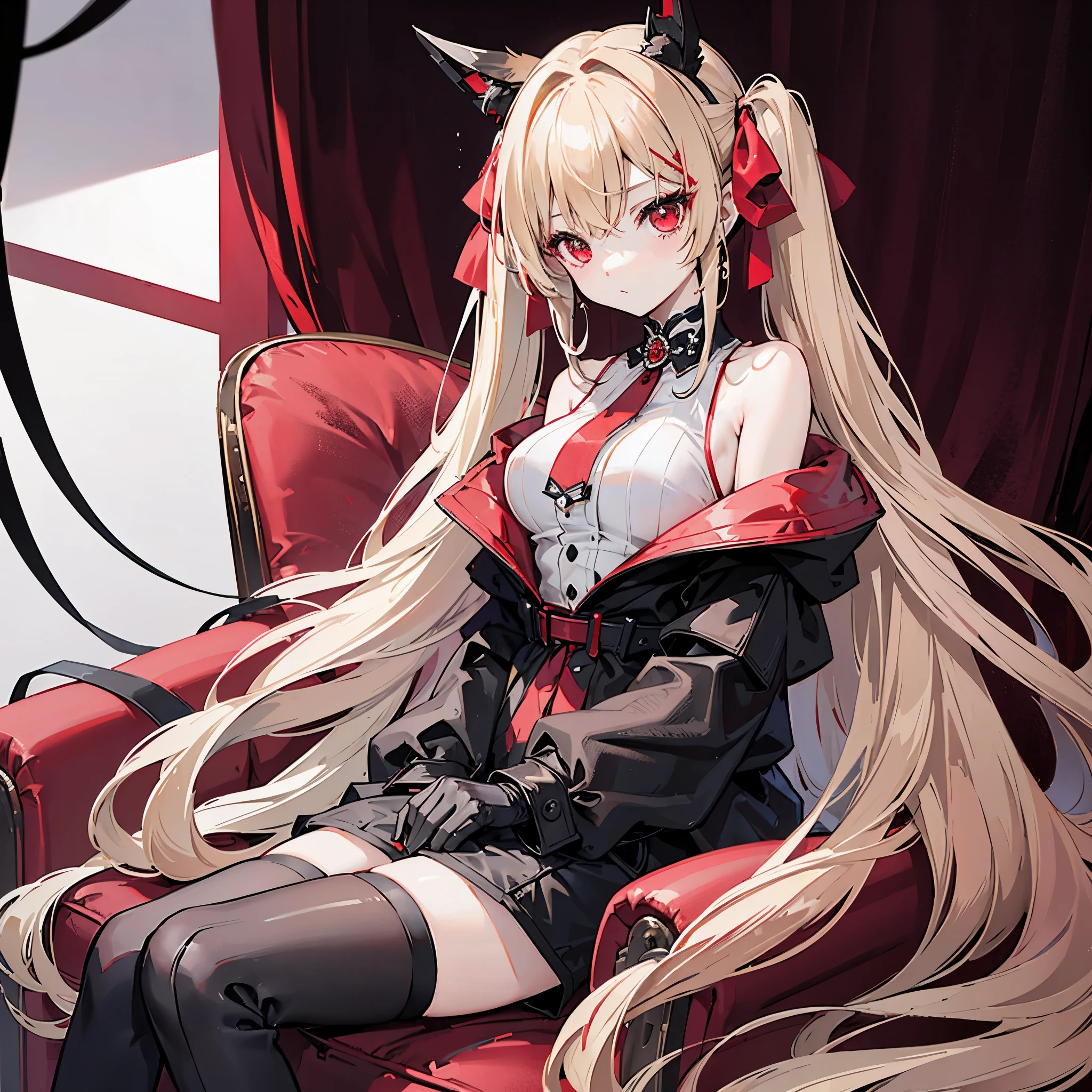 One girl、Hair colorbeige、Red eyes、Twin tails、Long Hair、Simple hair ribbon、Monochrome clothes、Large coat、Black gloves、Simple background、Shorts、Sitting in a big red chair