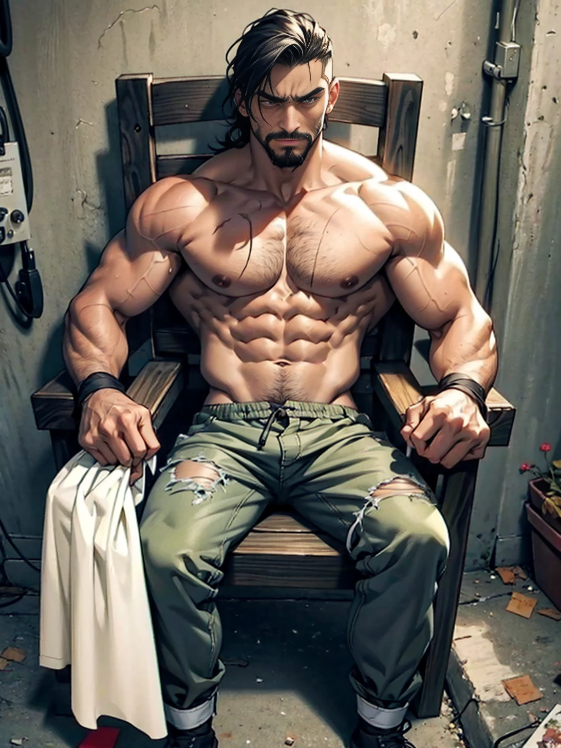 masterpiece, best quality, 30 years old man, a goatee facial hair, with toned body, six pack abs, wearing only underwear, tied up sitting on a chair, hands tied on the chair, ankles tied to the chair, an injured boy, tied up sitting on a chair in a basement, scared look, frightened face, looking to the viewer, injured body, scratches all over the body, angry face