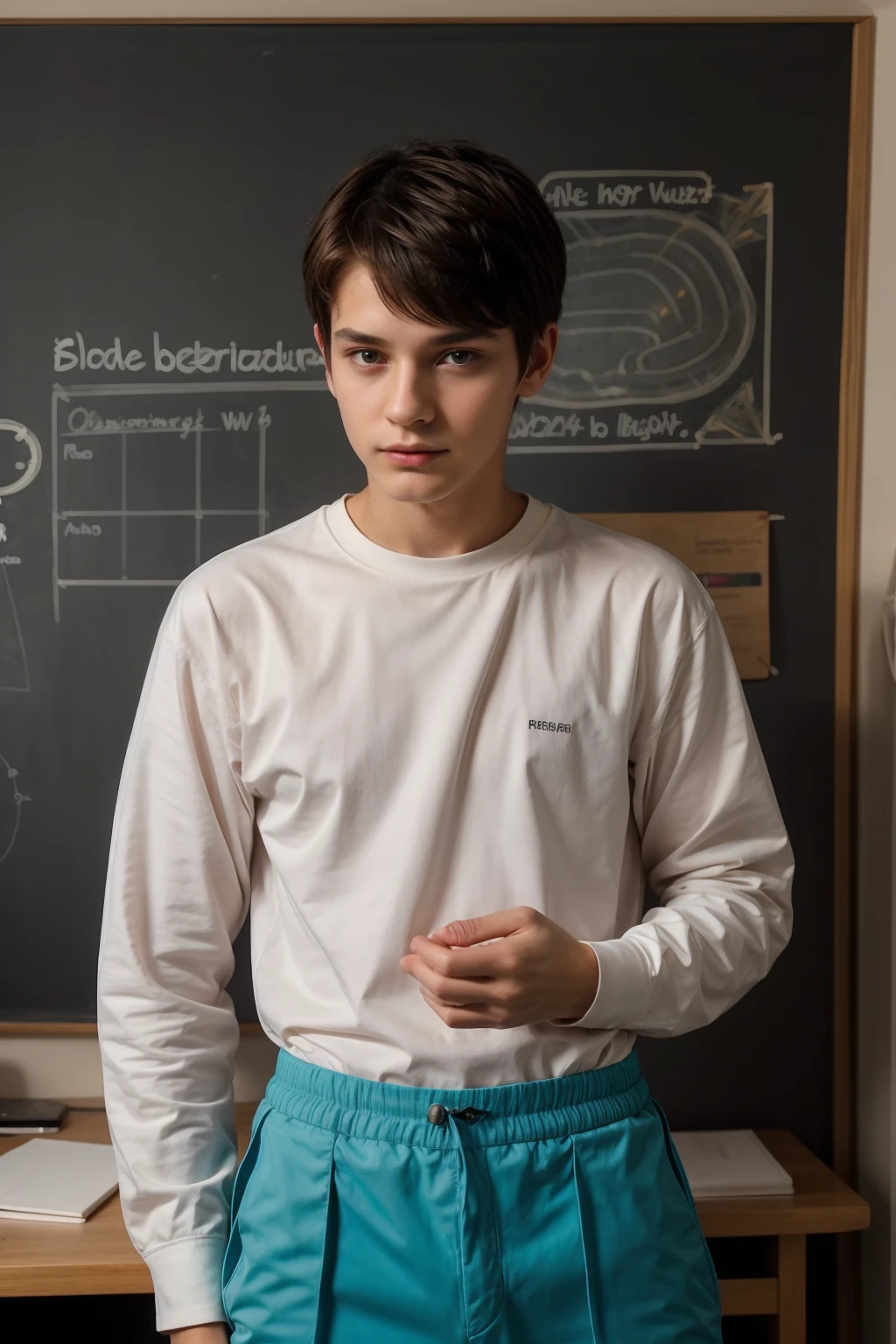 realistic image in 8k of a 16 year old boy, Brazilian features, dressed in simple clothes, sitting on a chair in a simple room with white walls, crying.