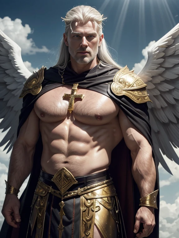 Hyperrealistic image of an elderly blond Nordic warrior holy martyr with a branches of thorns surrounding his head and body and drops of blood running down his body over 79 years old superhero angel with rays of light coming out of his body with two black wings spread with gray hair and a light halo with rays of light on his super heavy head and very fat and very handsome bodybuilder with huge flabby pecs and very sweaty big pointy nipples in a sky of very white clouds dressed only in a leather Roman skirt and gold and a cape and a large cross of gold and jewels on the chest