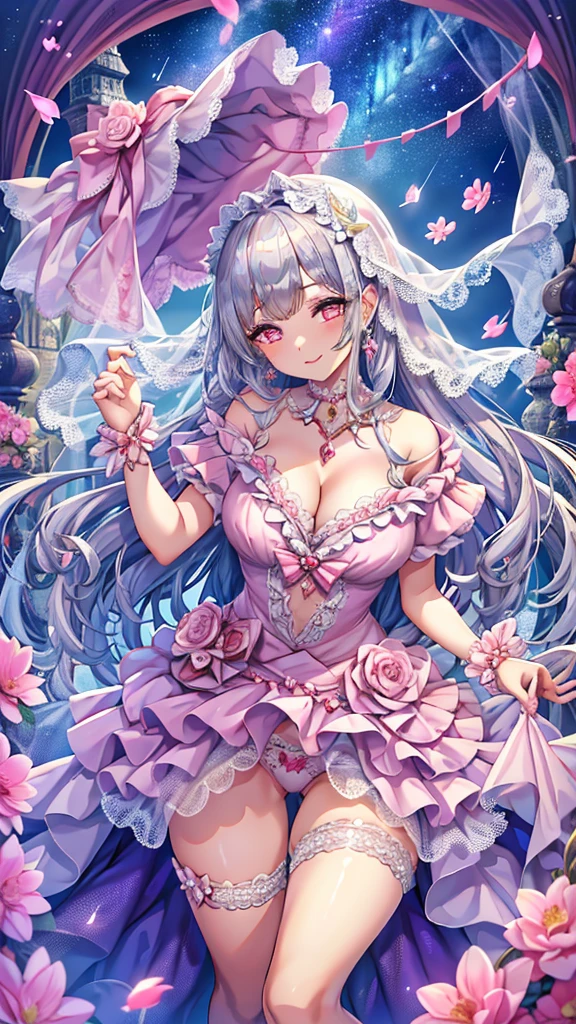 Masterpiece、Highest quality、Super detailed、1 girl、Big Tits、Cleavage、Gray Hair、Fluffy and soft long hair、Pink eyes、Heart Pupil、music、Lace cape、underwear、Ruffles and ribbons、Sparkling starry sky、Sprinkled with stars and crystals、smile、Pink Lipstick、Earrings、Lace veil