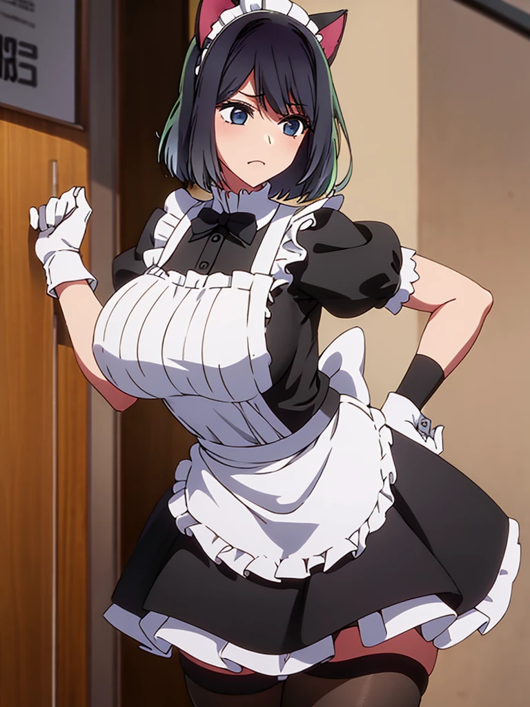 woman,short hair,Large Breasts,Maid clothes,Short sleeve,I can see the valley.Cute black gloves,Cat ears headband,Wear tights,Dark brown hair,Large Breasts,maid Cafe