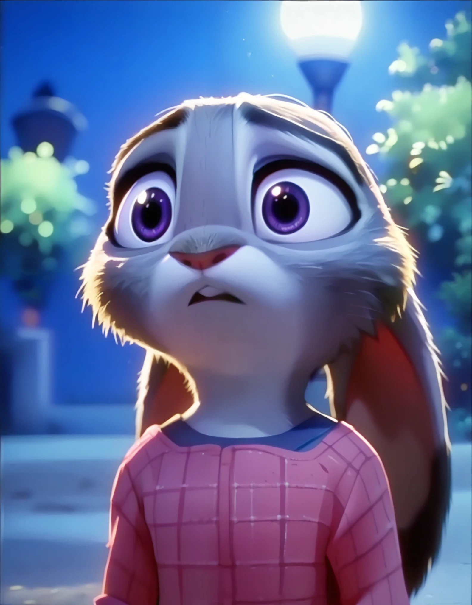 score_9, score_8_up, score_7_up, score_6_up, source_furry, judyhopps confused, dark, night, backlighting, solo, pink shirt, jeans, arms at sides, front view, portrait 